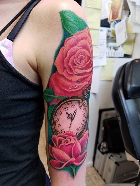 Tattoos - clock and rose - 133964